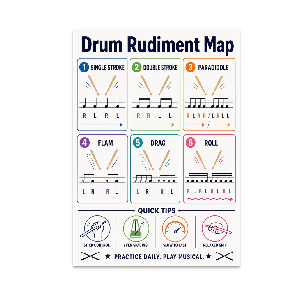 Drum Rudiment Map poster with six colored pattern panels, musical notation, sticking letters and quick tips