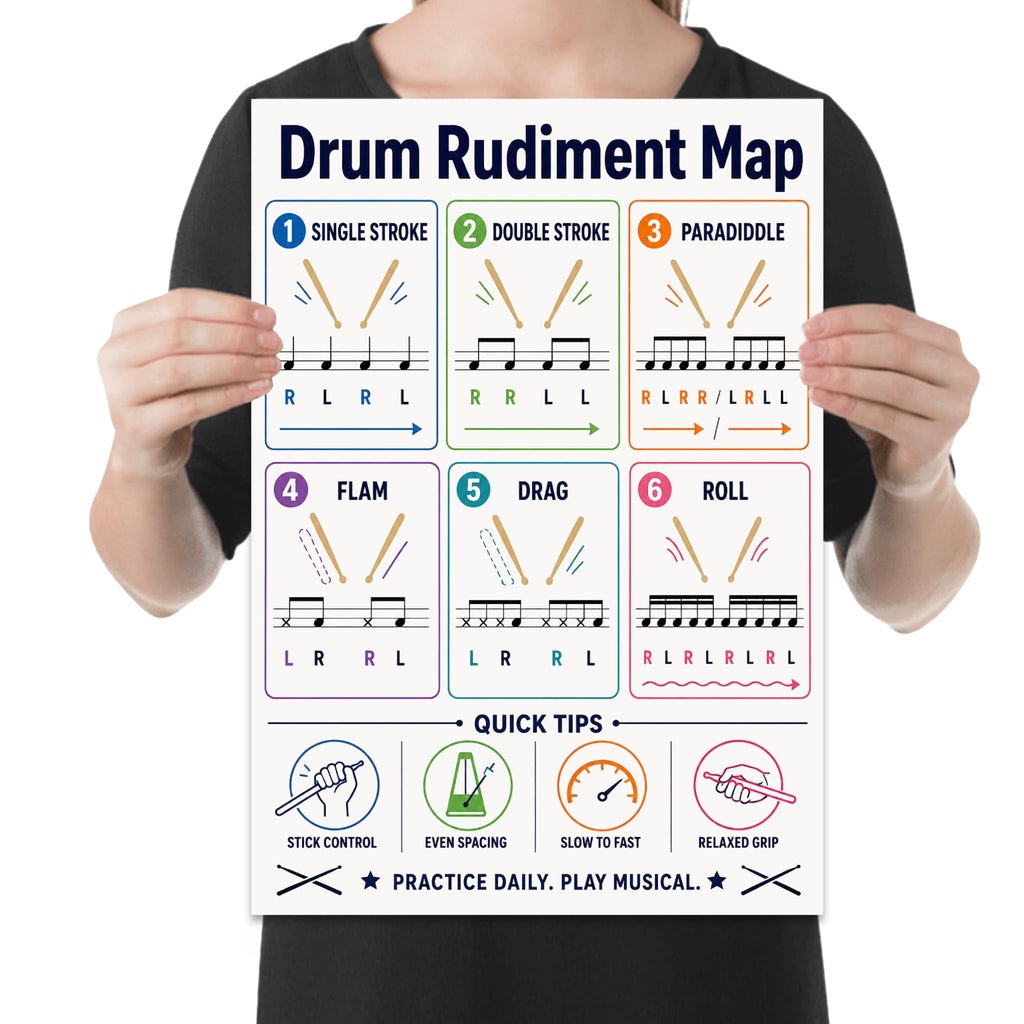 Drum Rudiment Map poster with six colored pattern panels, musical notation, sticking letters and quick tips shown in a held-poster mockup