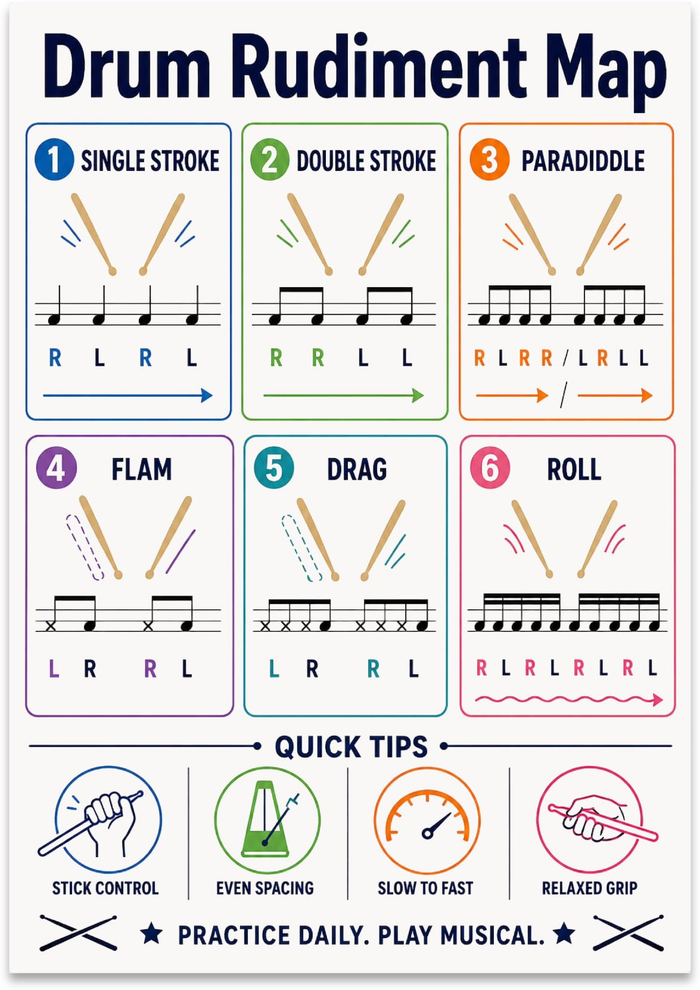 Drum Rudiment Map poster with six colored pattern panels, musical notation, sticking letters and quick tips