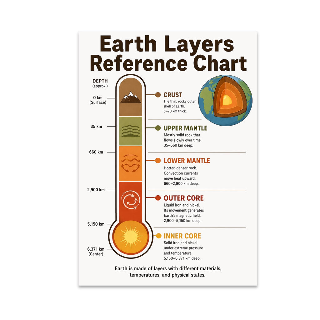 Earth Layers Reference Chart poster with a vertical depth diagram and labeled crust, mantle, and core sections