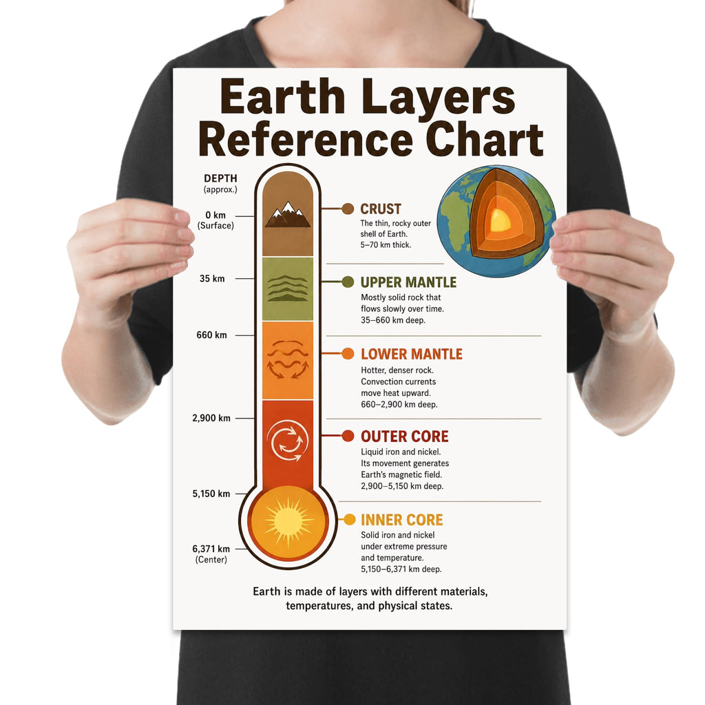 Person holding the earth layers geology poster to show its layout