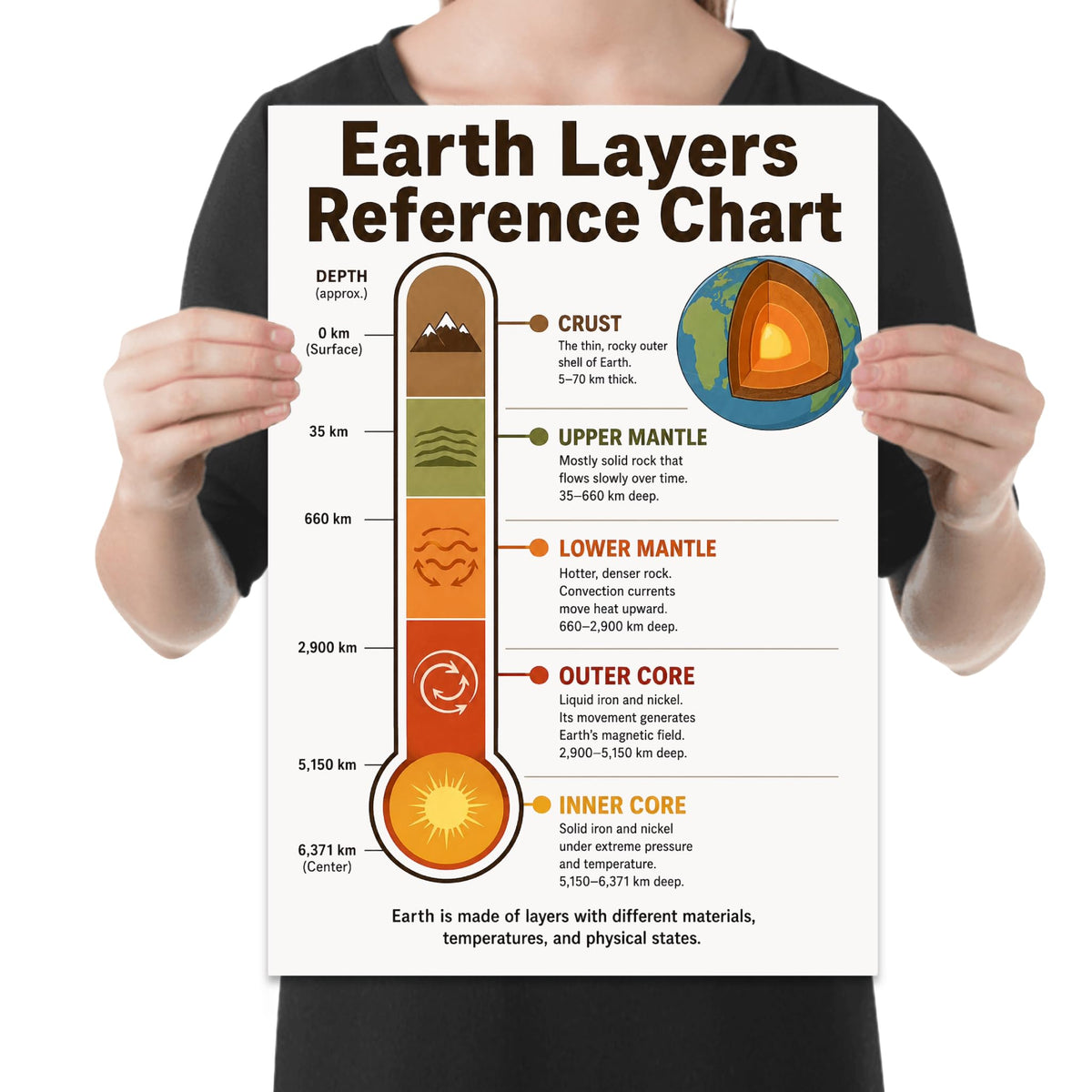 Person holding the earth layers geology poster to show its layout