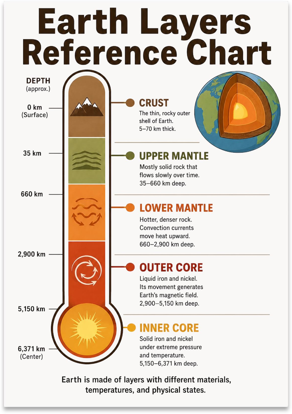 Earth Layers Reference Chart poster with a vertical depth diagram and labeled crust, mantle, and core sections