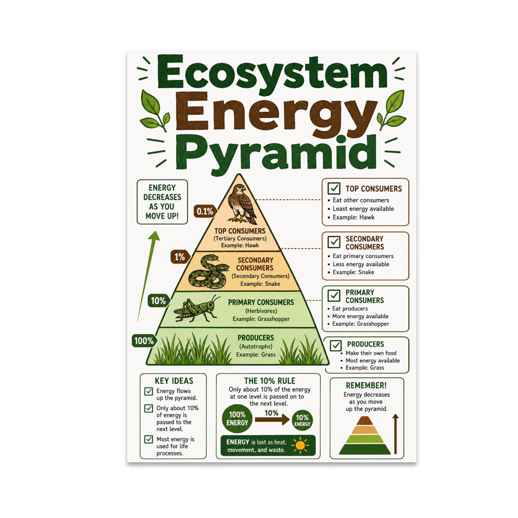 Ecosystem Energy Pyramid poster with grass, grasshopper, snake and hawk across four trophic levels