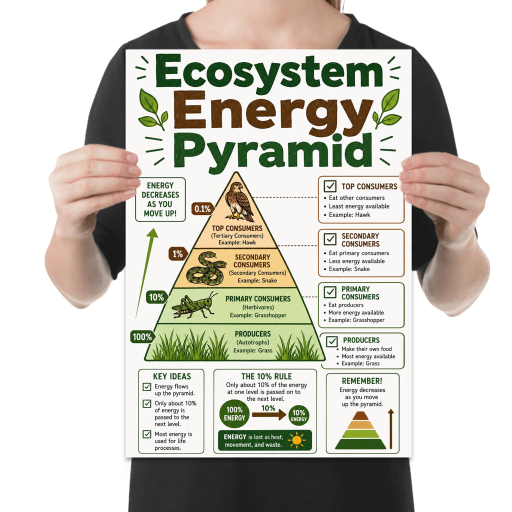Ecosystem Energy Pyramid poster with grass, grasshopper, snake and hawk across four trophic levels, shown held for scale