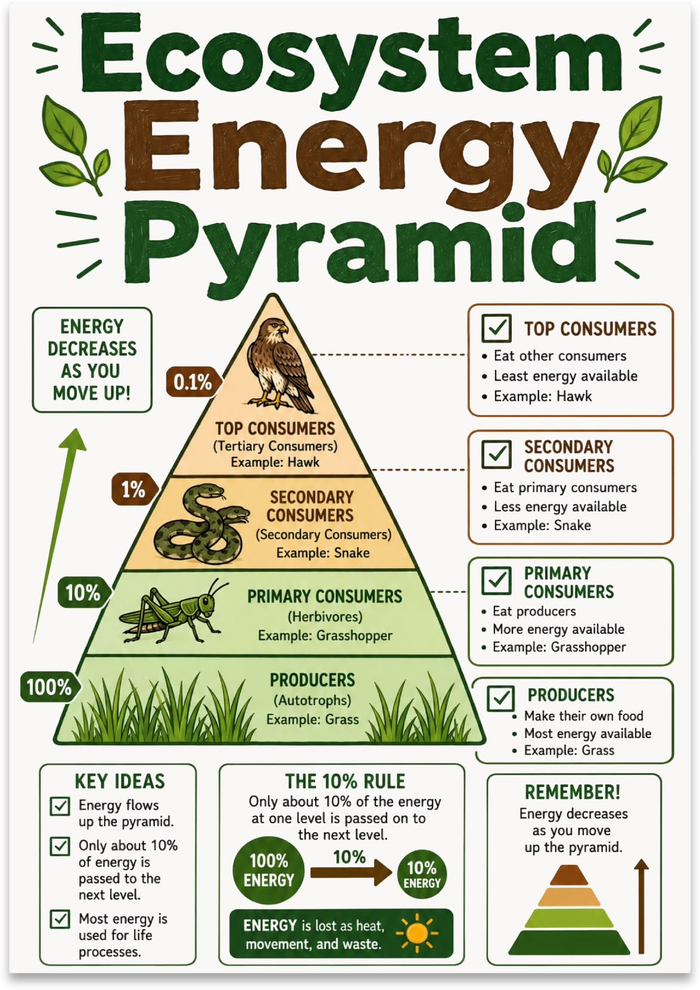 Ecosystem Energy Pyramid poster with grass, grasshopper, snake and hawk across four trophic levels