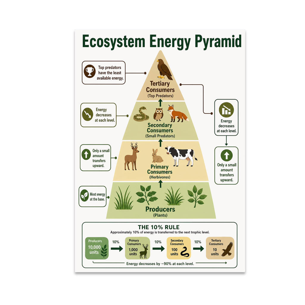 Ecosystem Energy Pyramid poster with plants, herbivores, small predators and a top predator above a ten-percent-rule example