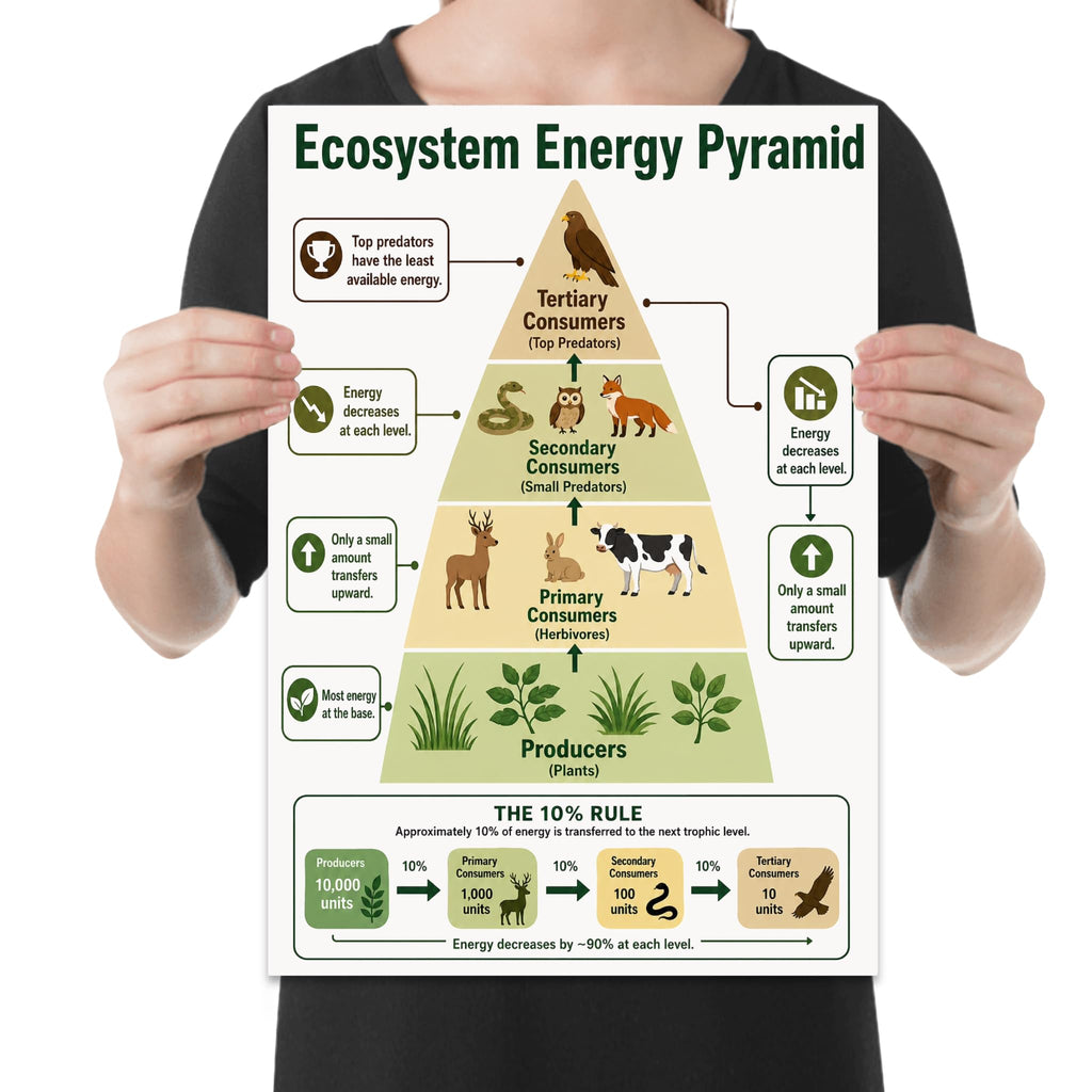 Ecosystem Energy Pyramid poster with plants, herbivores, small predators and a top predator above a ten-percent-rule example shown in a held-poster mockup