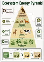 Ecosystem Energy Pyramid poster with plants, herbivores, small predators and a top predator above a ten-percent-rule example
