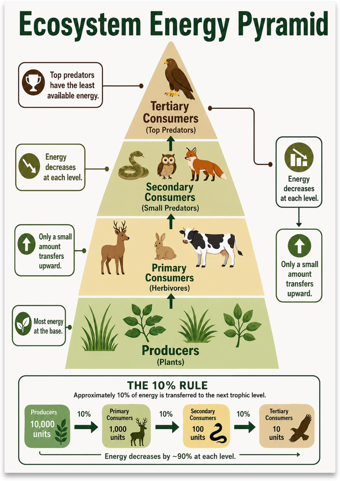 Ecosystem Energy Pyramid poster with plants, herbivores, small predators and a top predator above a ten-percent-rule example