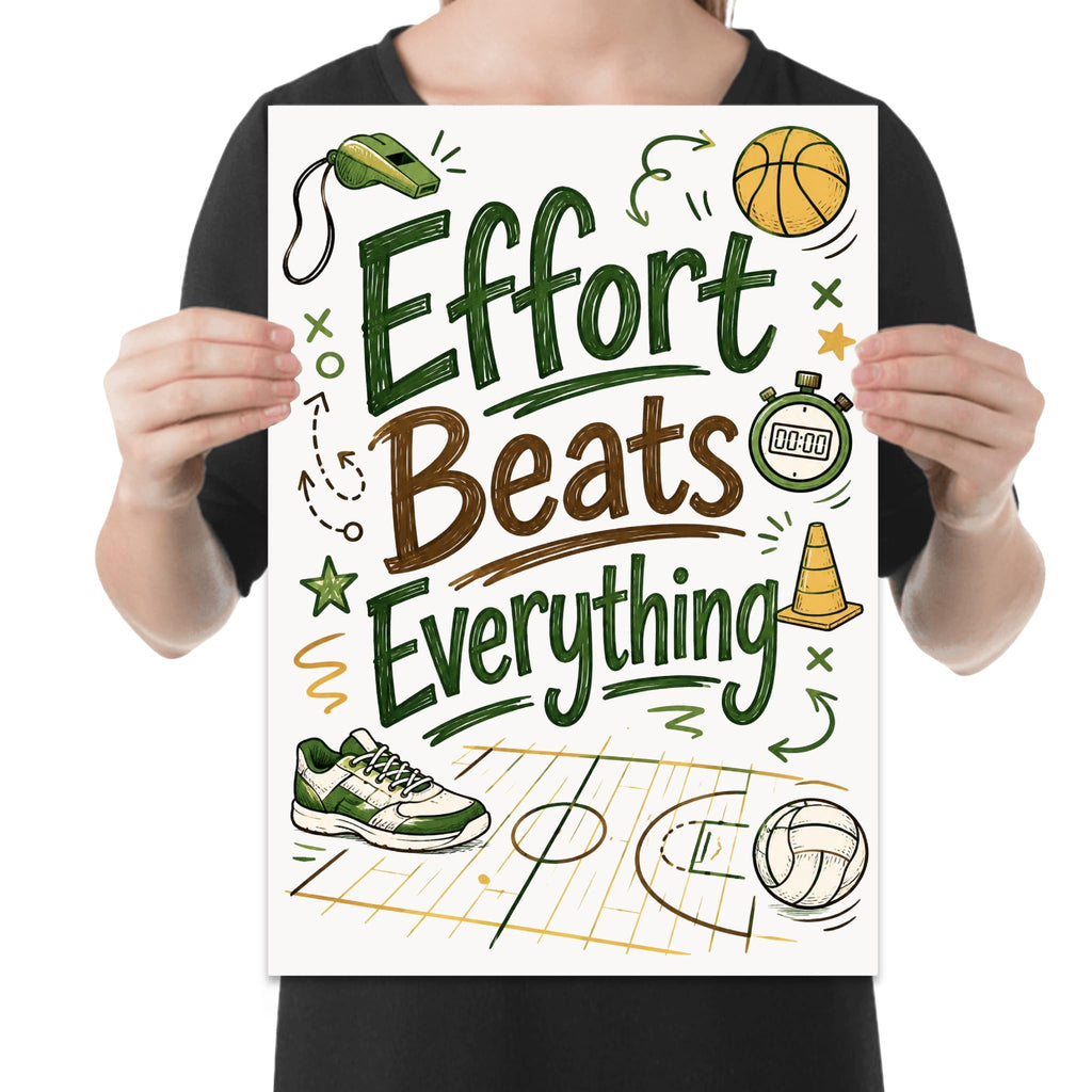 Effort Beats Everything poster with sports balls, a whistle, running shoes, and gym-floor artwork held by a person for scale