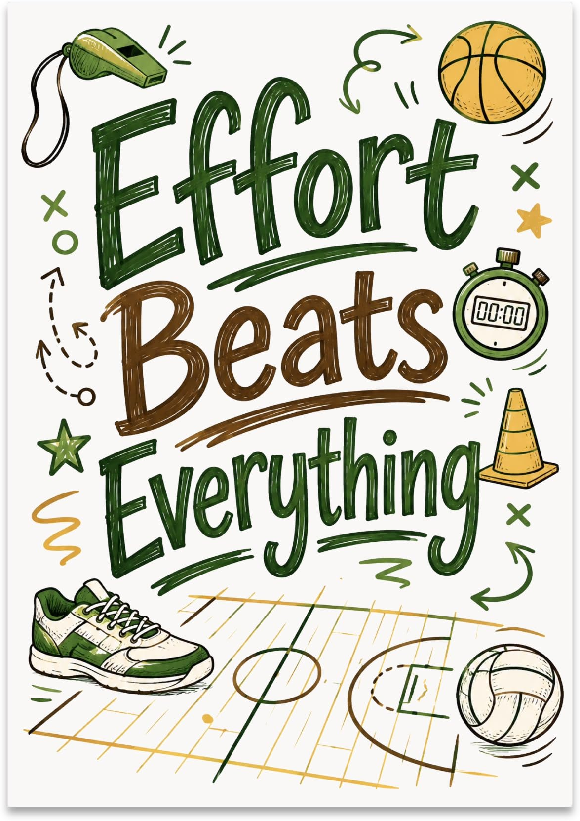 Effort Beats Everything poster with sports balls, a whistle, running shoes, and gym-floor artwork