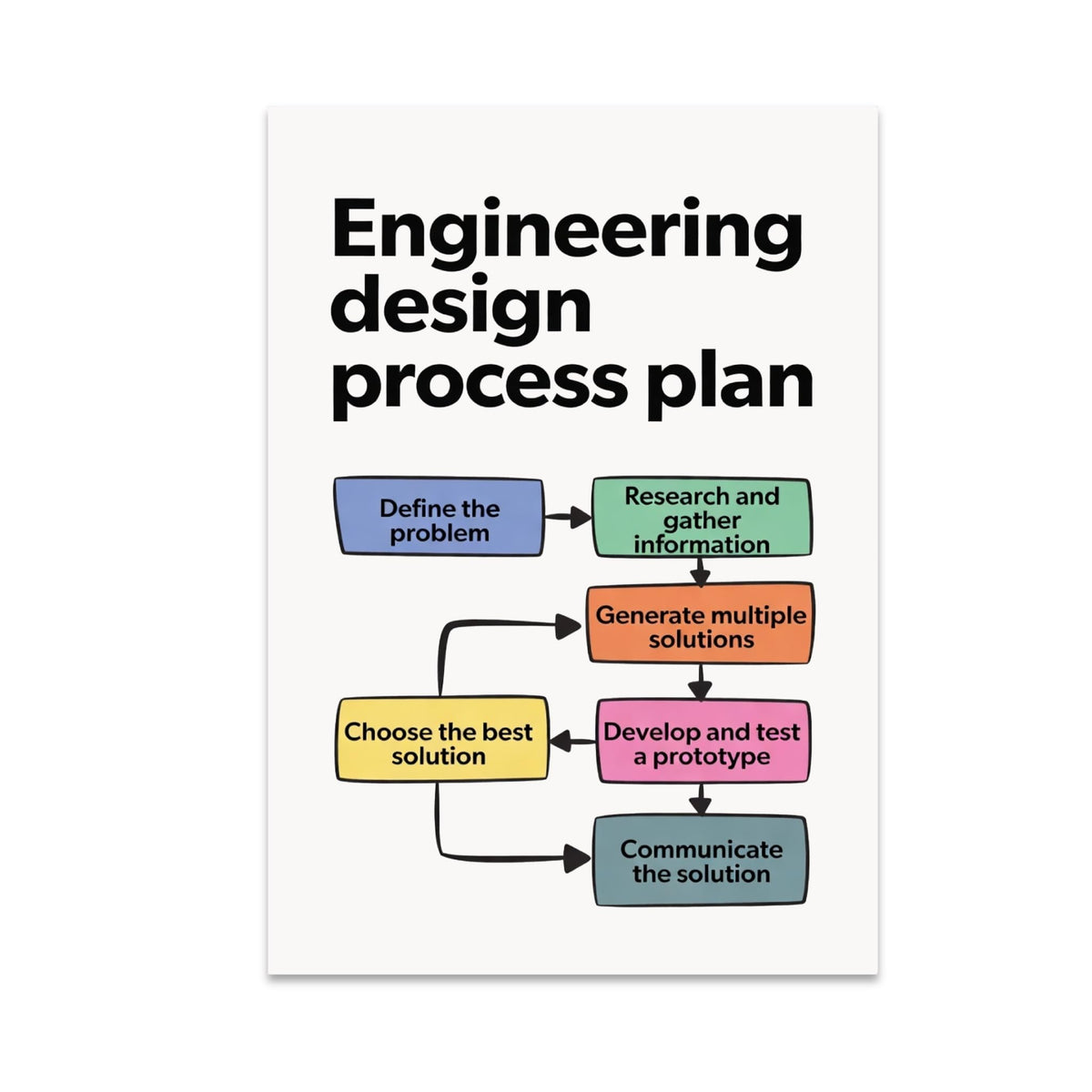 Engineering design process plan poster with colored flowchart boxes and arrows linking project stages