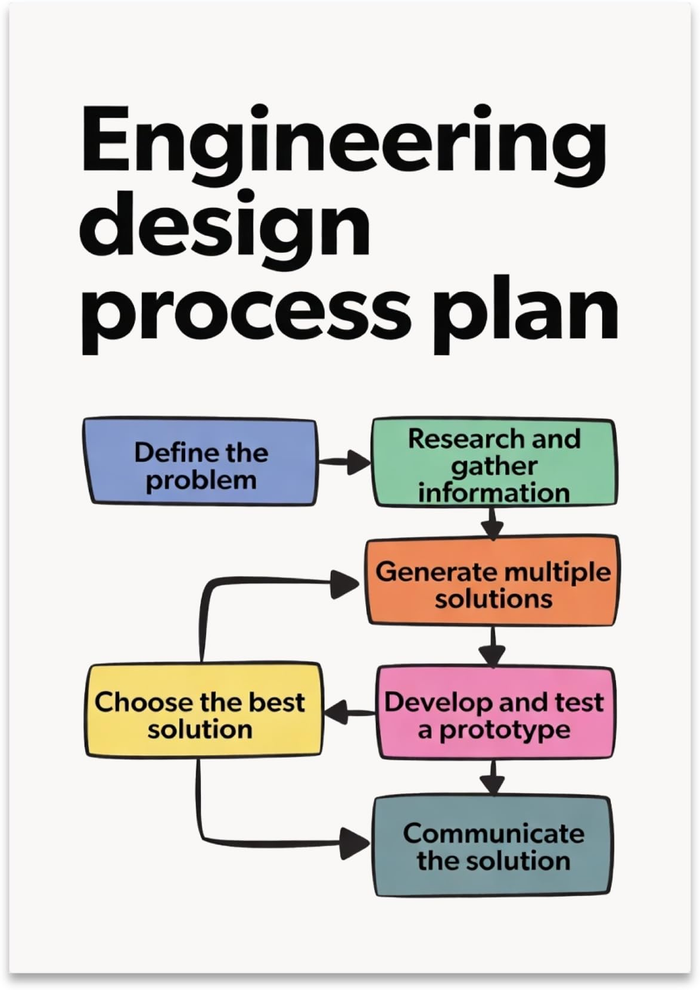 Engineering design process plan poster with colored flowchart boxes and arrows linking project stages