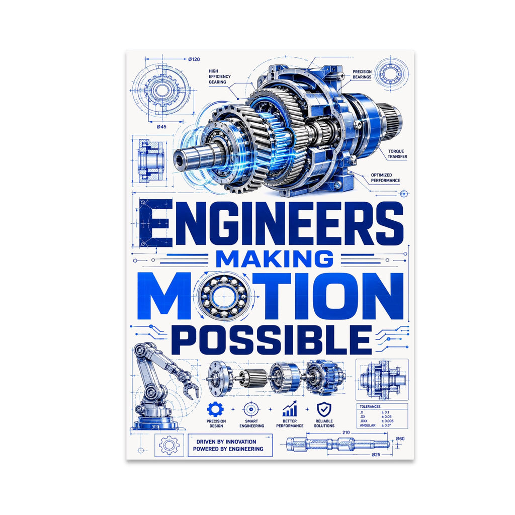 Engineers Making Motion Possible poster with blue gearbox artwork, gears and blueprint-style mechanical details