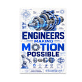 Engineers Making Motion Possible poster with blue gearbox artwork, gears and blueprint-style mechanical details