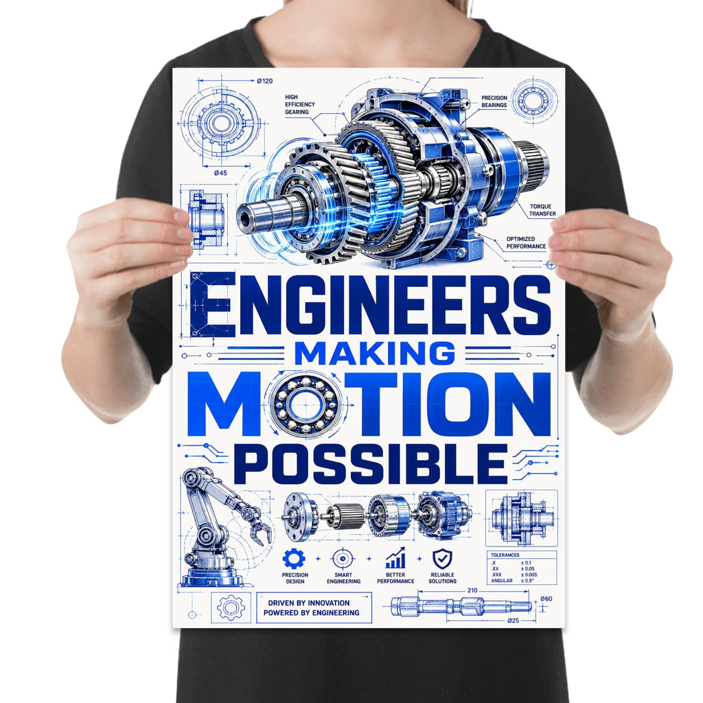 Engineers Making Motion Possible poster with blue gearbox artwork, gears and blueprint-style mechanical details shown in a held-poster mockup