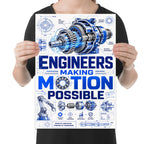 Engineers Making Motion Possible poster with blue gearbox artwork, gears and blueprint-style mechanical details shown in a held-poster mockup