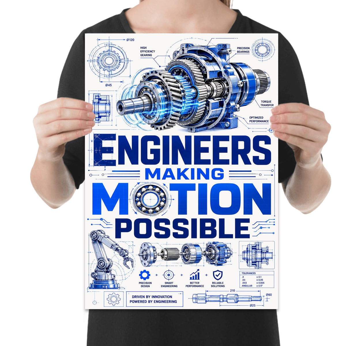 Engineers Making Motion Possible poster with blue gearbox artwork, gears and blueprint-style mechanical details shown in a held-poster mockup