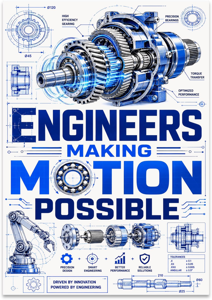 Engineers Making Motion Possible poster with blue gearbox artwork, gears and blueprint-style mechanical details