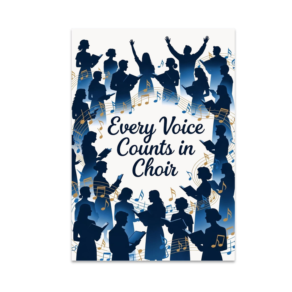 Every Voice Counts in Choir poster with blue singer silhouettes and flowing gold and blue music notes