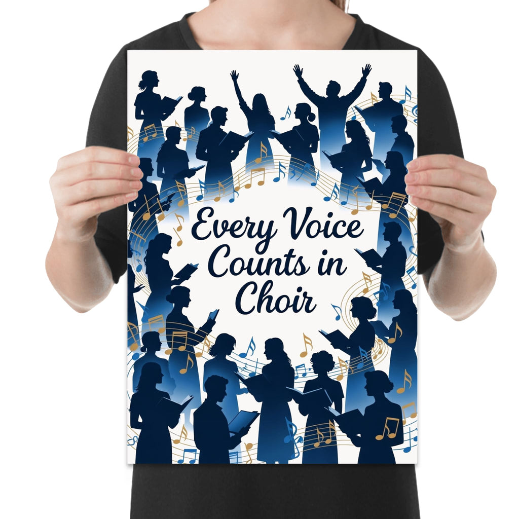 Every Voice Counts in Choir poster with blue singer silhouettes and flowing gold and blue music notes shown in a held-poster mockup