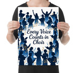 Every Voice Counts in Choir poster with blue singer silhouettes and flowing gold and blue music notes shown in a held-poster mockup