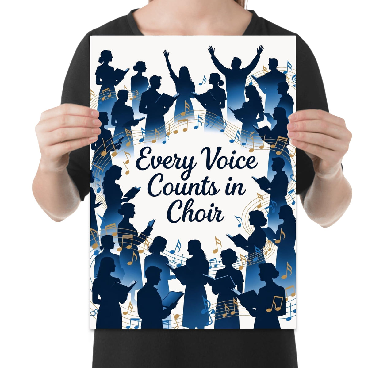 Every Voice Counts in Choir poster with blue singer silhouettes and flowing gold and blue music notes shown in a held-poster mockup