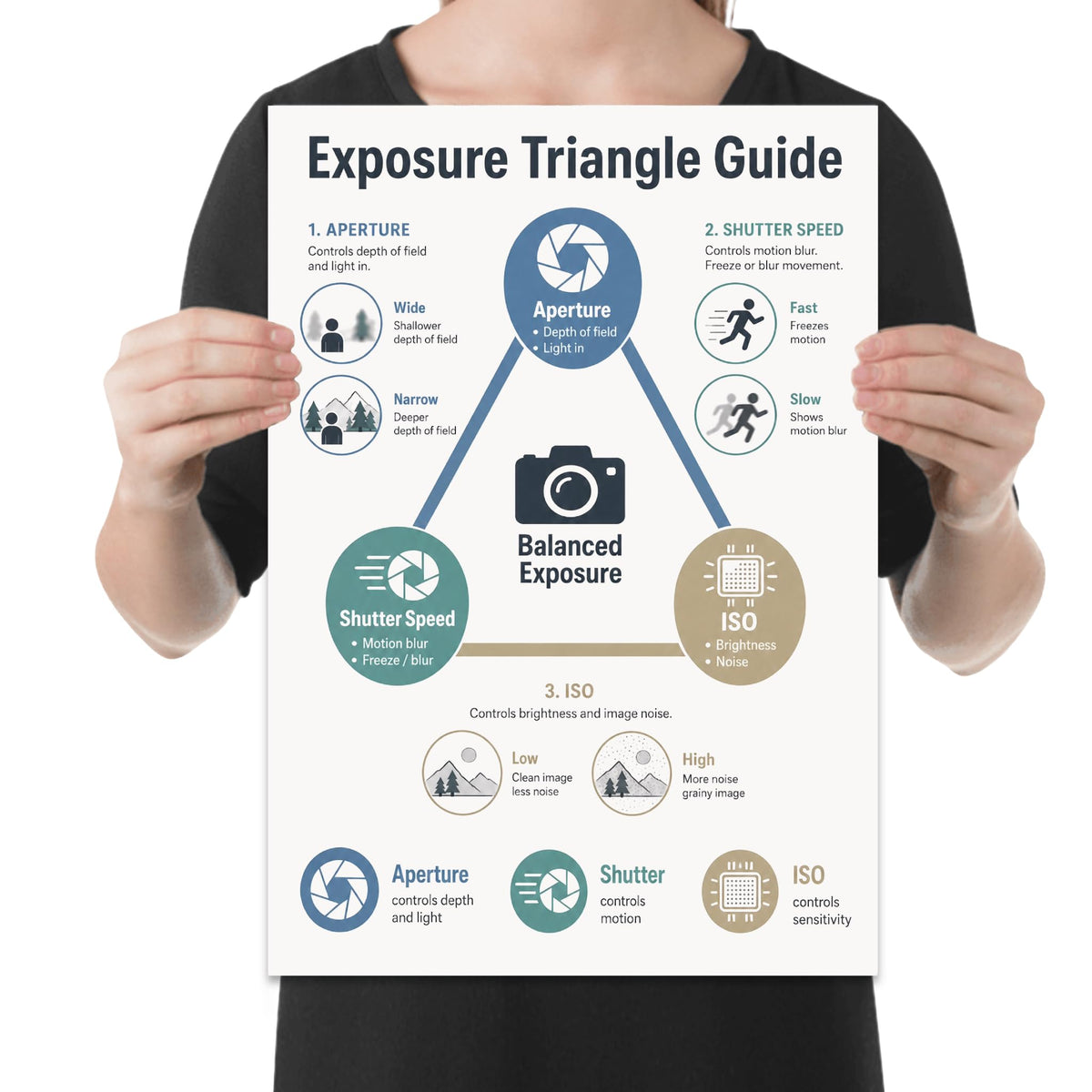 Exposure Triangle Guide poster with blue, teal, and gold aperture, shutter speed, and ISO sections held by a person for scale