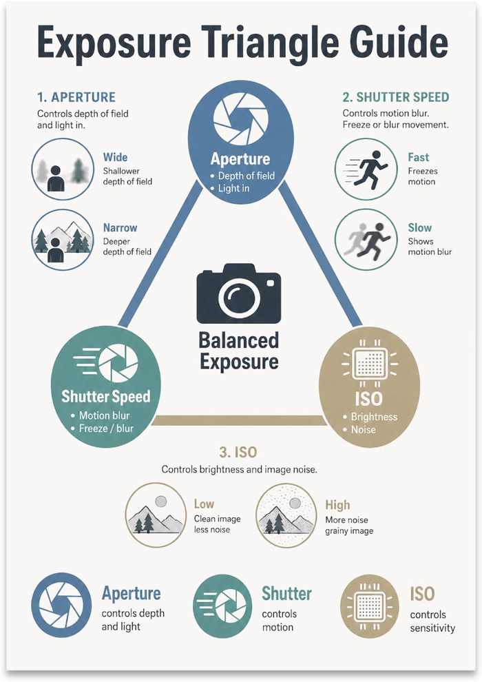Exposure Triangle Guide poster with blue, teal, and gold aperture, shutter speed, and ISO sections