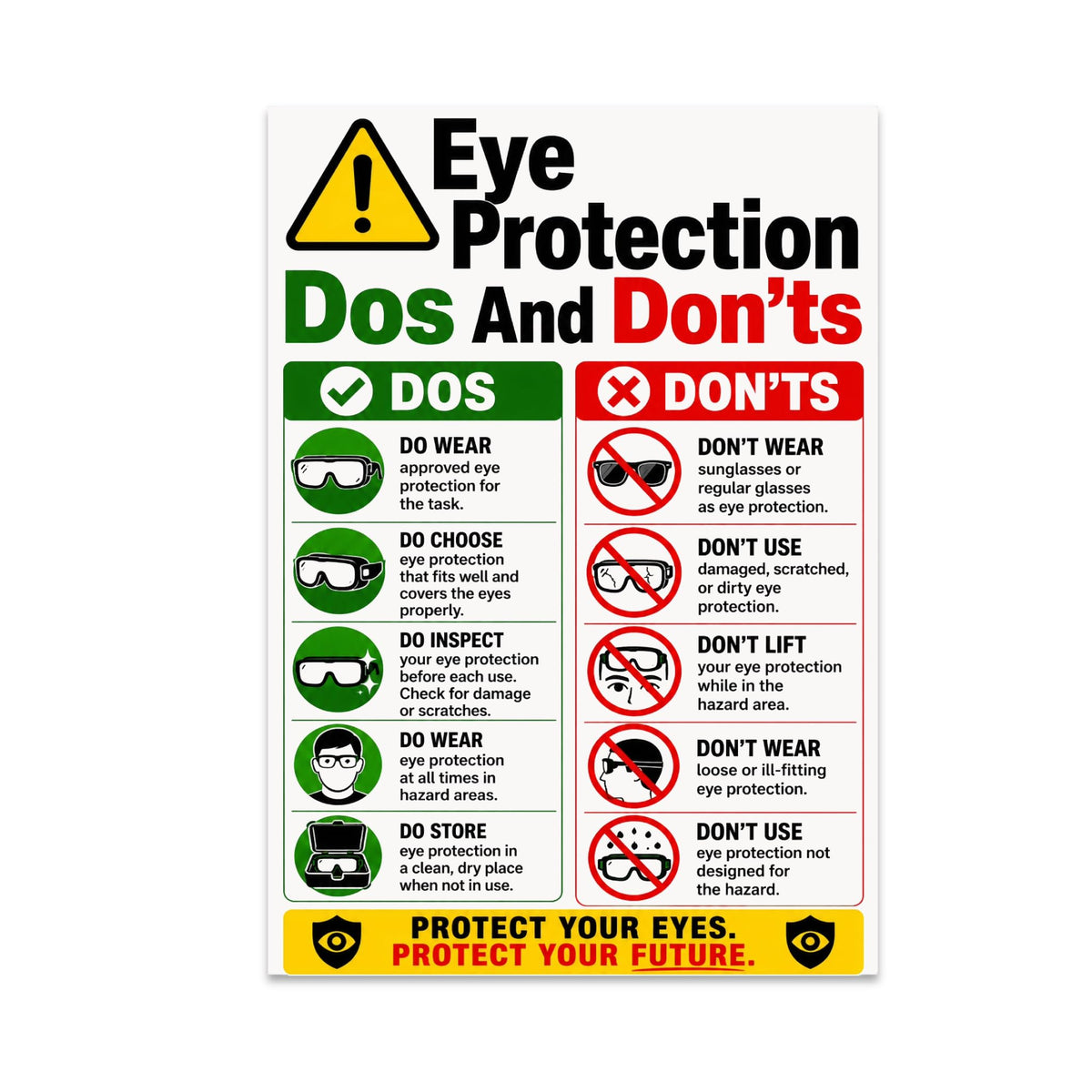 Eye Protection Dos and Don’ts poster with green and red columns and eyewear icons