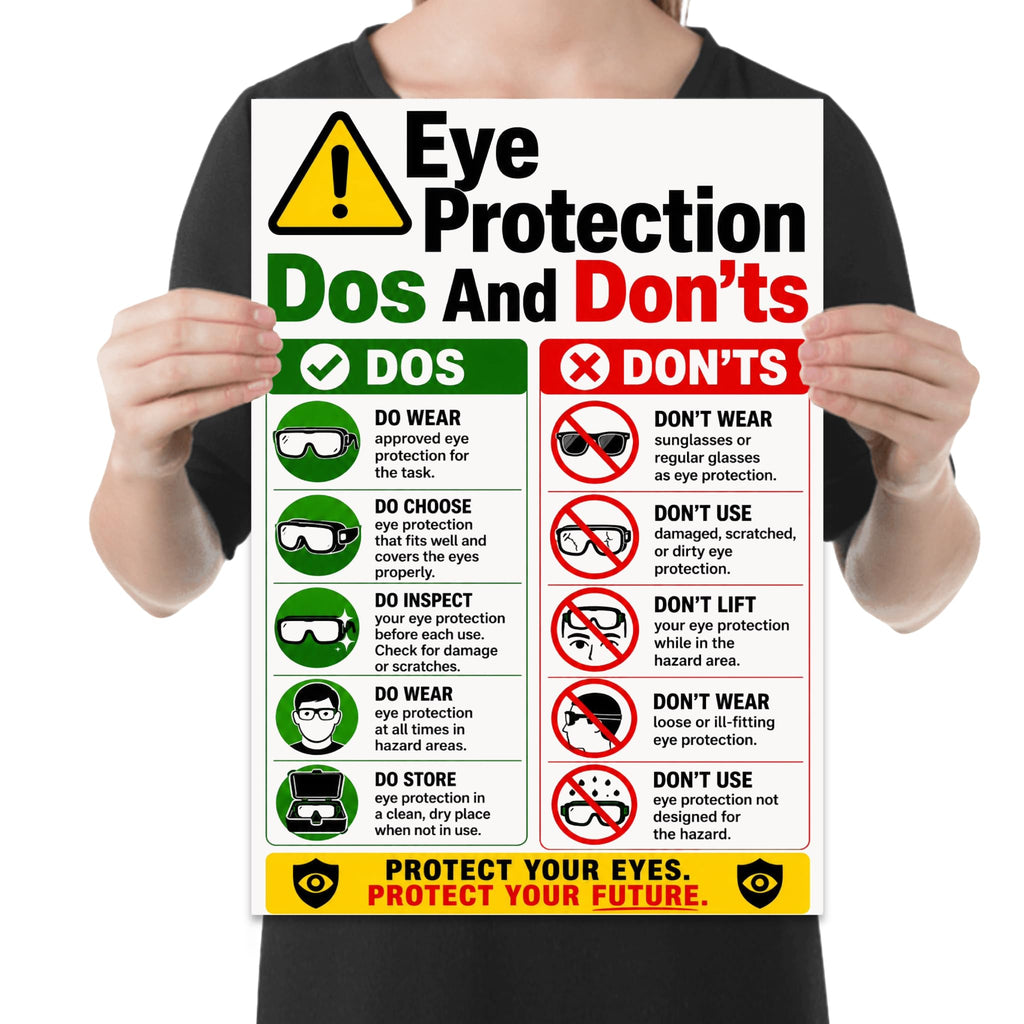 Eye Protection Dos and Don’ts poster with green and red columns and eyewear icons held by a person for scale