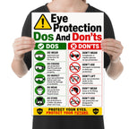Eye Protection Dos and Don’ts poster with green and red columns and eyewear icons held by a person for scale