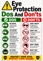 Eye Protection Dos and Don’ts poster with green and red columns and eyewear icons