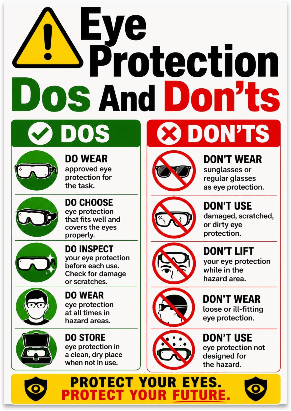 Eye Protection Dos and Don’ts poster with green and red columns and eyewear icons