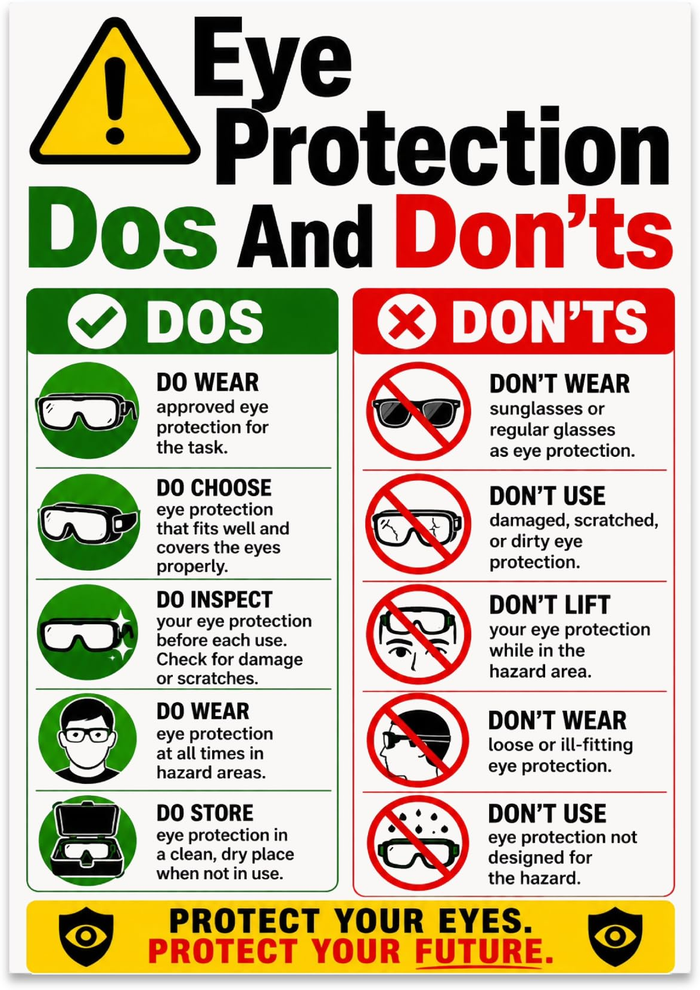 Eye Protection Dos and Don’ts poster with green and red columns and eyewear icons
