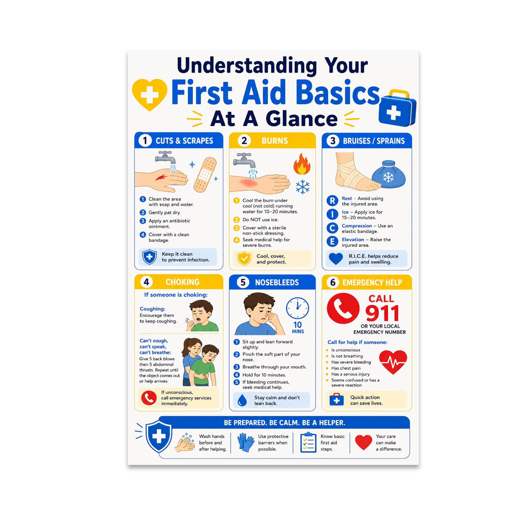 First Aid Basics poster with six blue-and-yellow panels for common injuries and emergency help