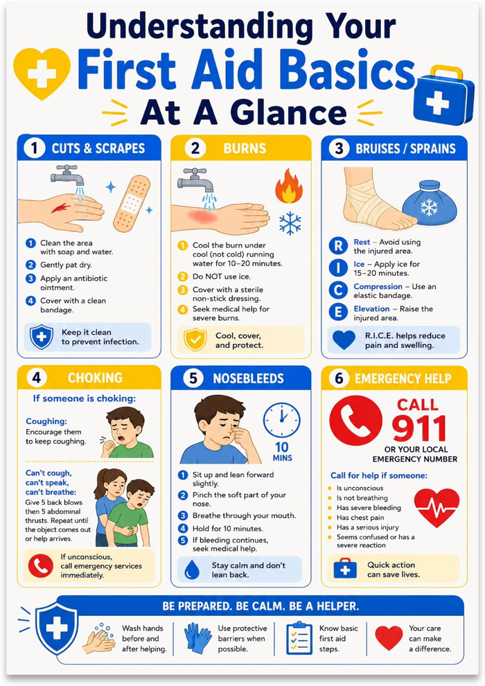 First Aid Basics poster with six blue-and-yellow panels for common injuries and emergency help