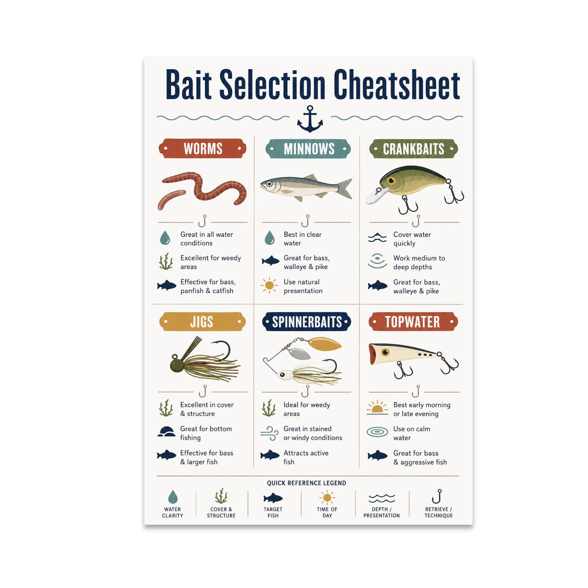 Bait Selection Cheatsheet poster showing worms, minnows, crankbaits, jigs, spinnerbaits and topwater lures