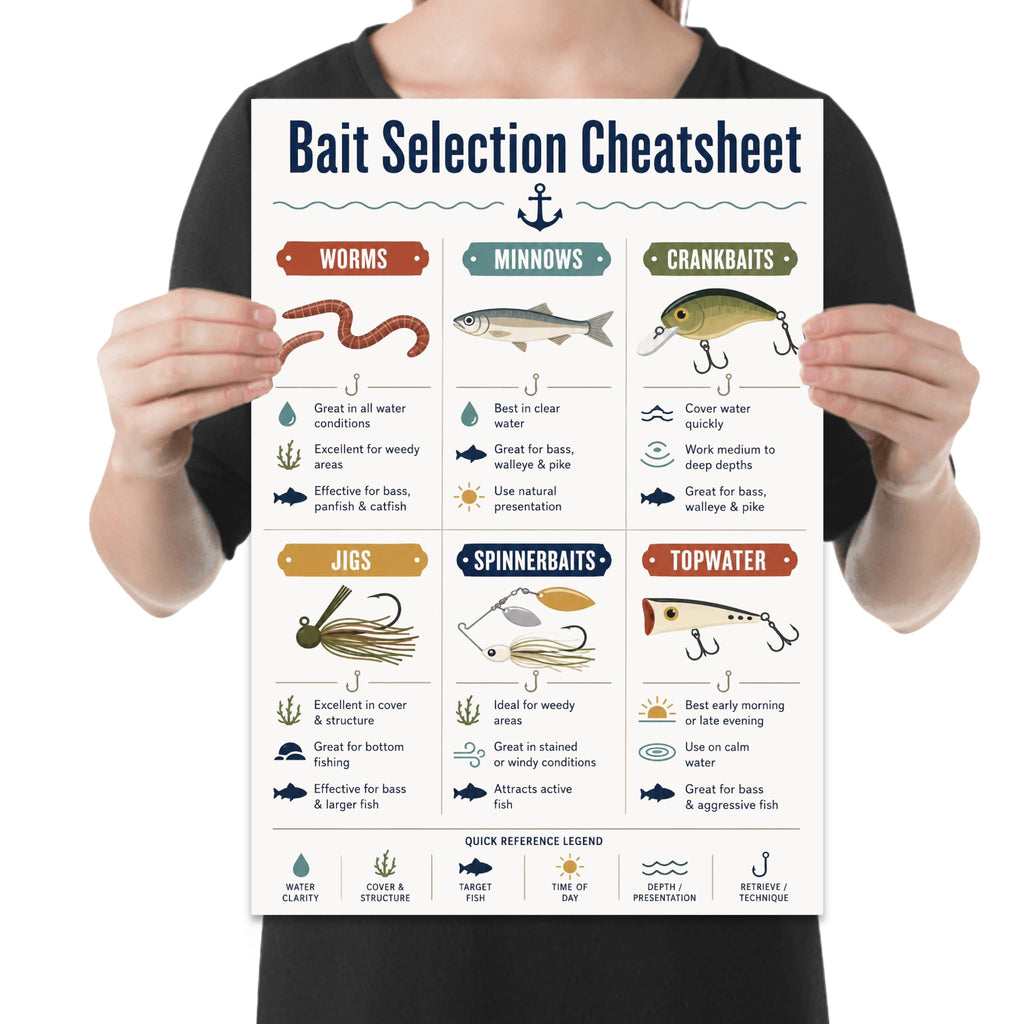 Bait Selection Cheatsheet poster showing worms, minnows, crankbaits, jigs, spinnerbaits and topwater lures, shown held for scale