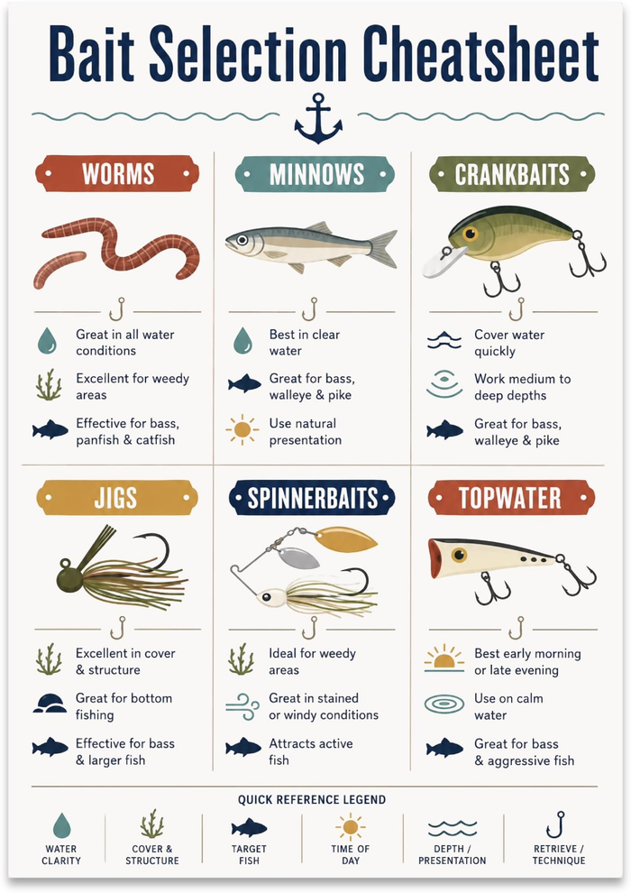 Bait Selection Cheatsheet poster showing worms, minnows, crankbaits, jigs, spinnerbaits and topwater lures