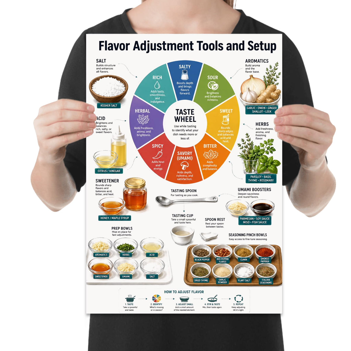 Person holding the flavor adjustment & taste wheel poster to show its layout