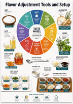 Flavor Adjustment Tools and Setup poster with a taste wheel, herbs, aromatics, and small ingredient bowls