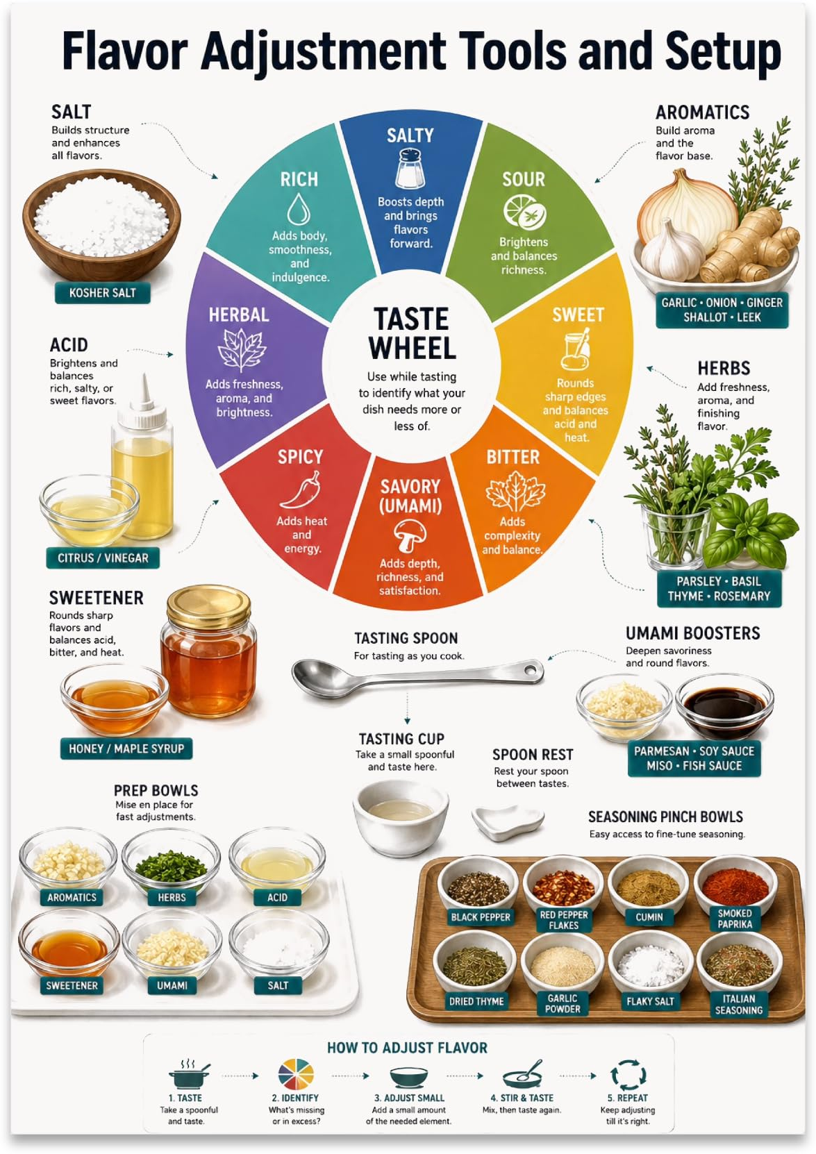 Flavor Adjustment Tools and Setup poster with a taste wheel, herbs, aromatics, and small ingredient bowls