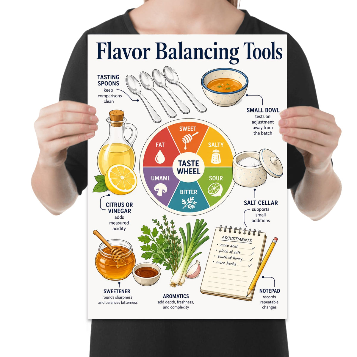 Flavor Balancing Tools poster with a central wheel, tasting spoons, ingredients, and a notepad held by a person for scale