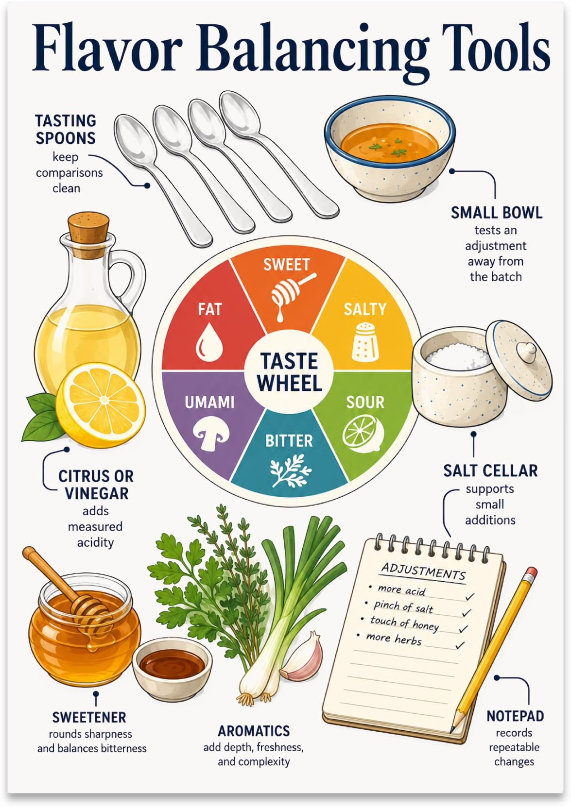 Flavor Balancing Tools poster with a central wheel, tasting spoons, ingredients, and a notepad