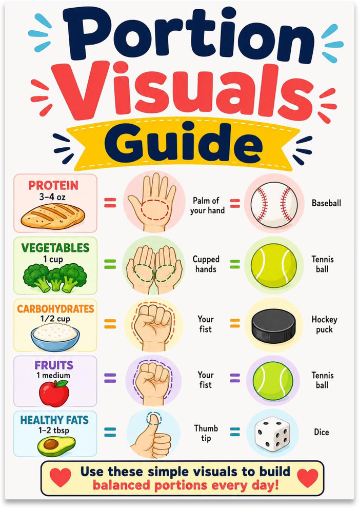 Portion Visuals Guide poster comparing food portions with hand shapes and familiar everyday objects