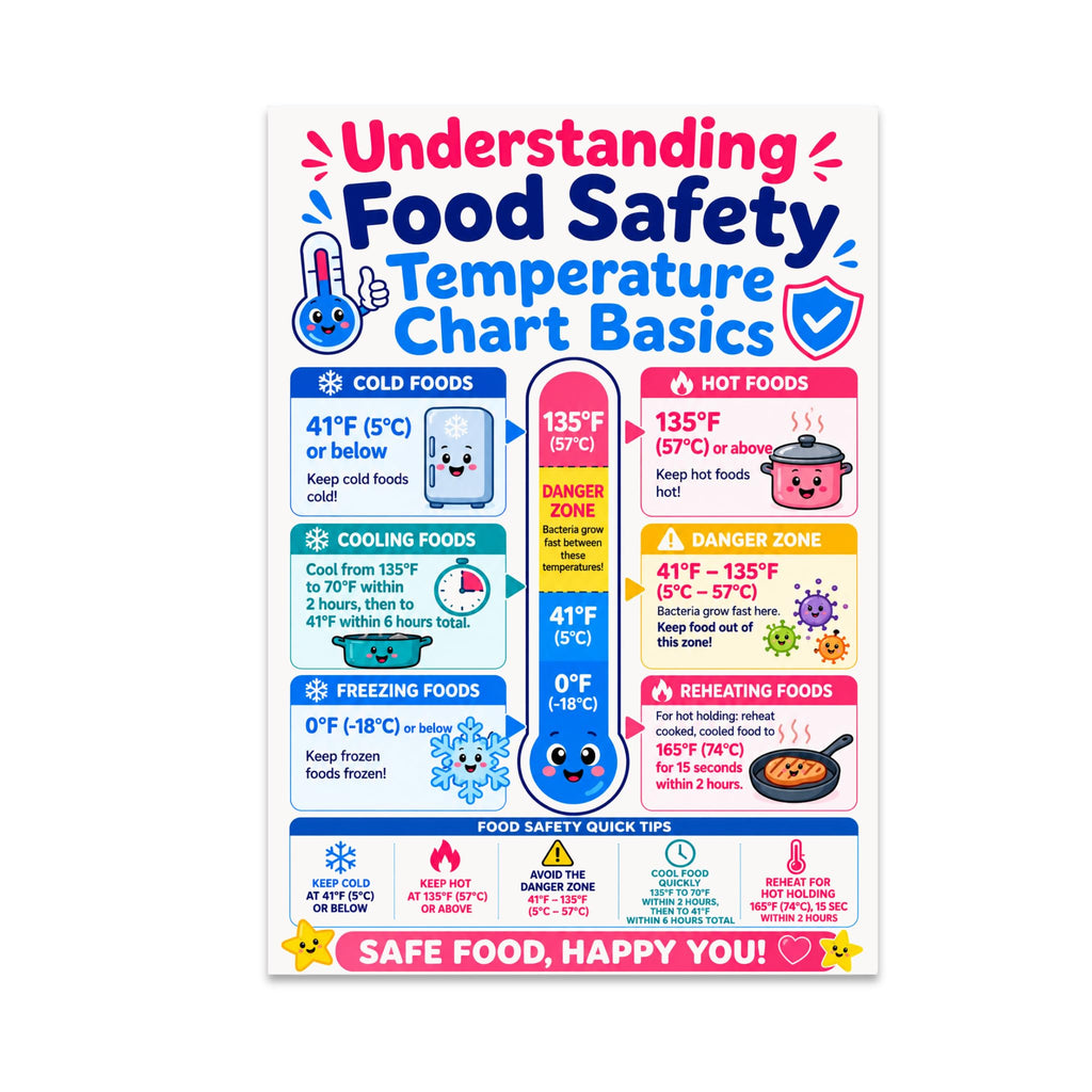 Food Safety Temperature Chart Basics poster with a colorful thermometer and food illustrations