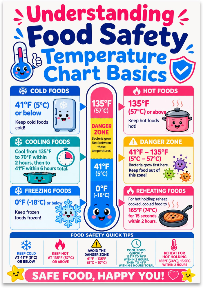 Food Safety Temperature Chart Basics poster with a colorful thermometer and food illustrations