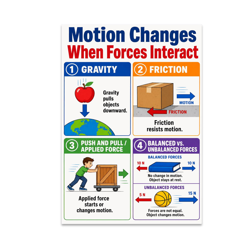 Force and motion poster with four panels illustrating gravity, friction, pushing, and balanced forces